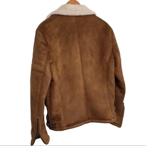 Zara Faux Sherpa & Leather Oversized Brown Bomber Jacket Coat Size Medium - Picture 9 of 9